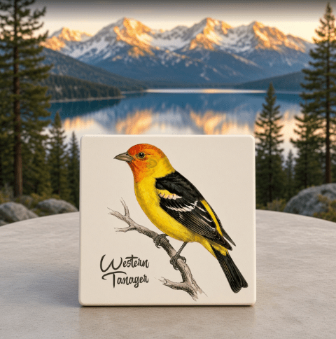 Western Tanager Native Lake Tahoe Bird Coaster - Lake Tahoe Gifts