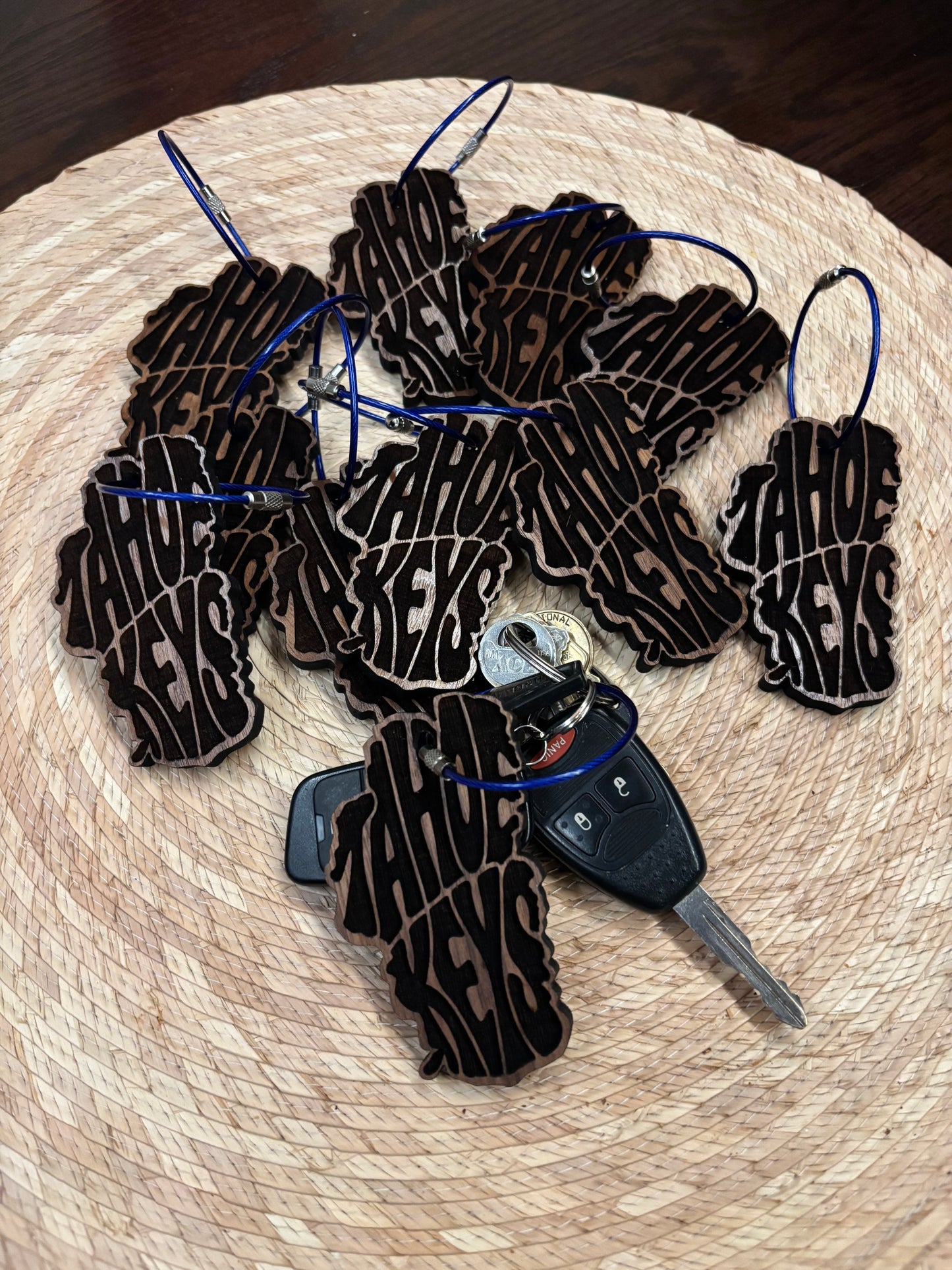 Lake Tahoe Key Chain - Tahoe Keys - Laser engraved Word Art in Walnut