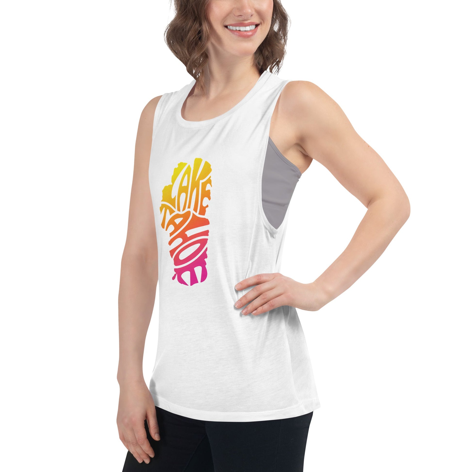 Ladies’ Lake Tahoe Tank Top In Pink, Yellow and Orange - Rustic Incline