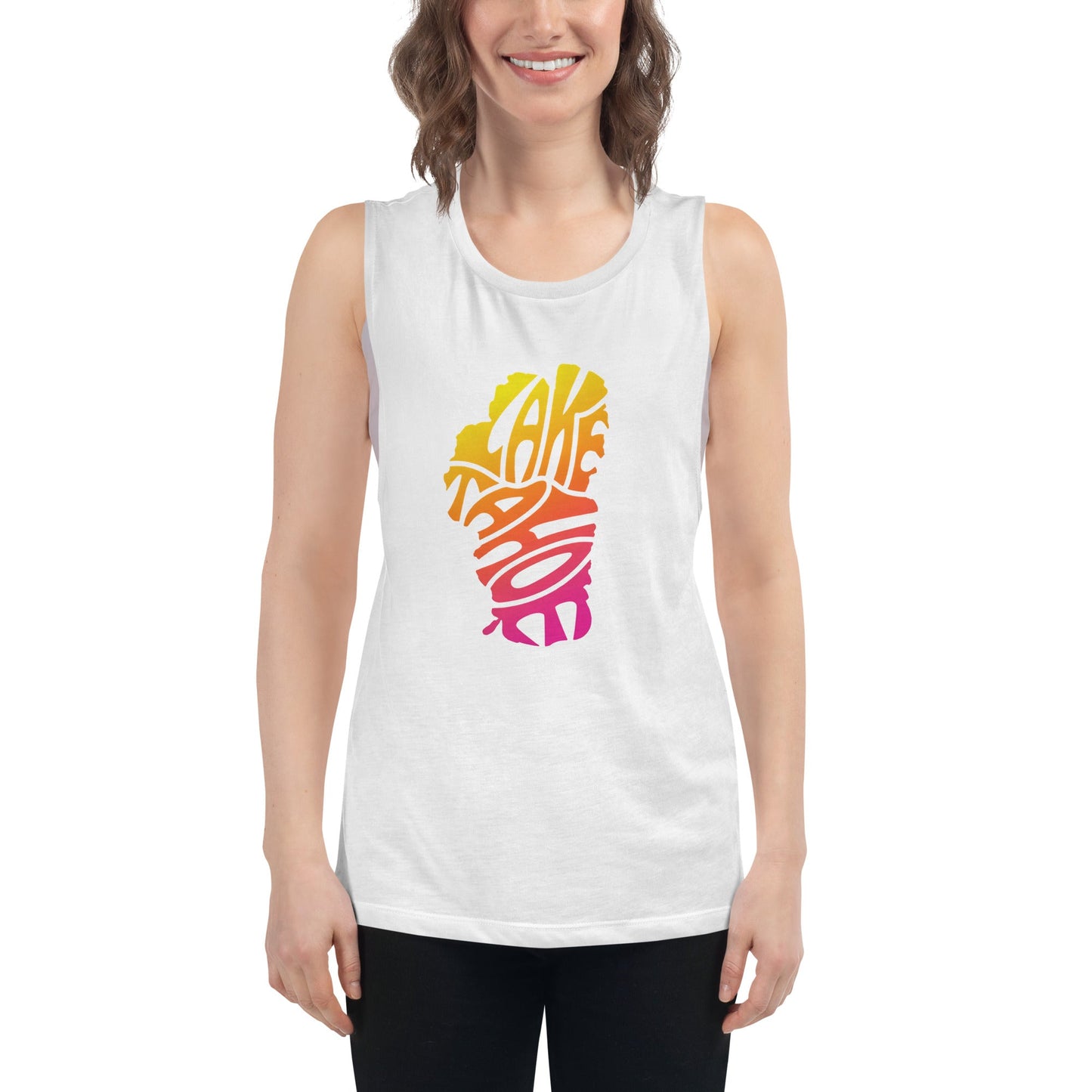 Ladies’ Lake Tahoe Tank Top In Pink, Yellow and Orange - Rustic Incline