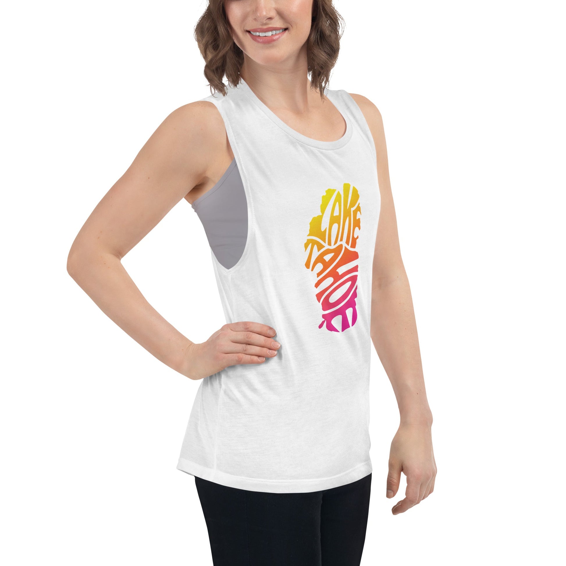 Ladies’ Lake Tahoe Tank Top In Pink, Yellow and Orange - Rustic Incline