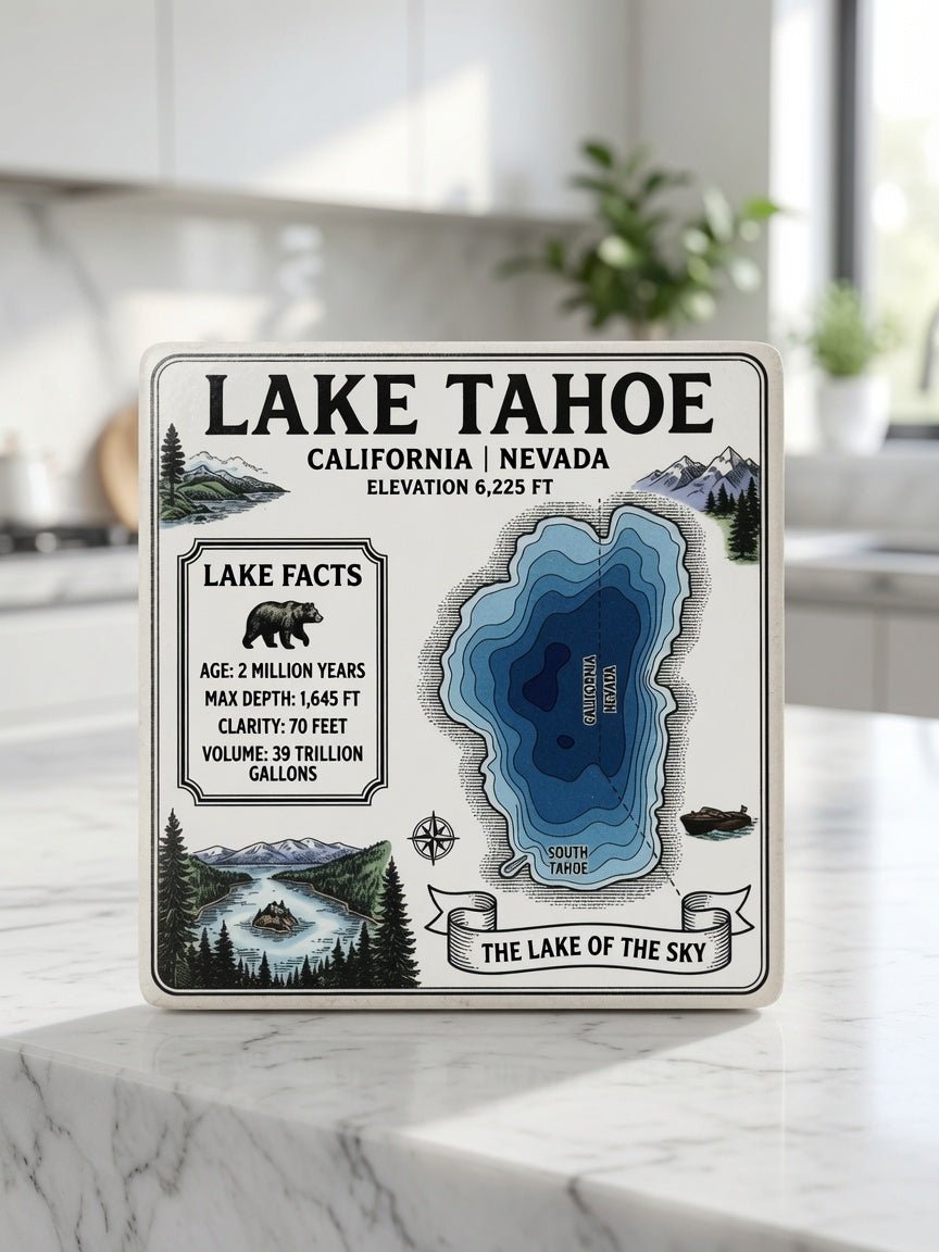 Lake Tahoe Ceramic Coaster – California Nevada Map with Lake Facts - Rustic Incline