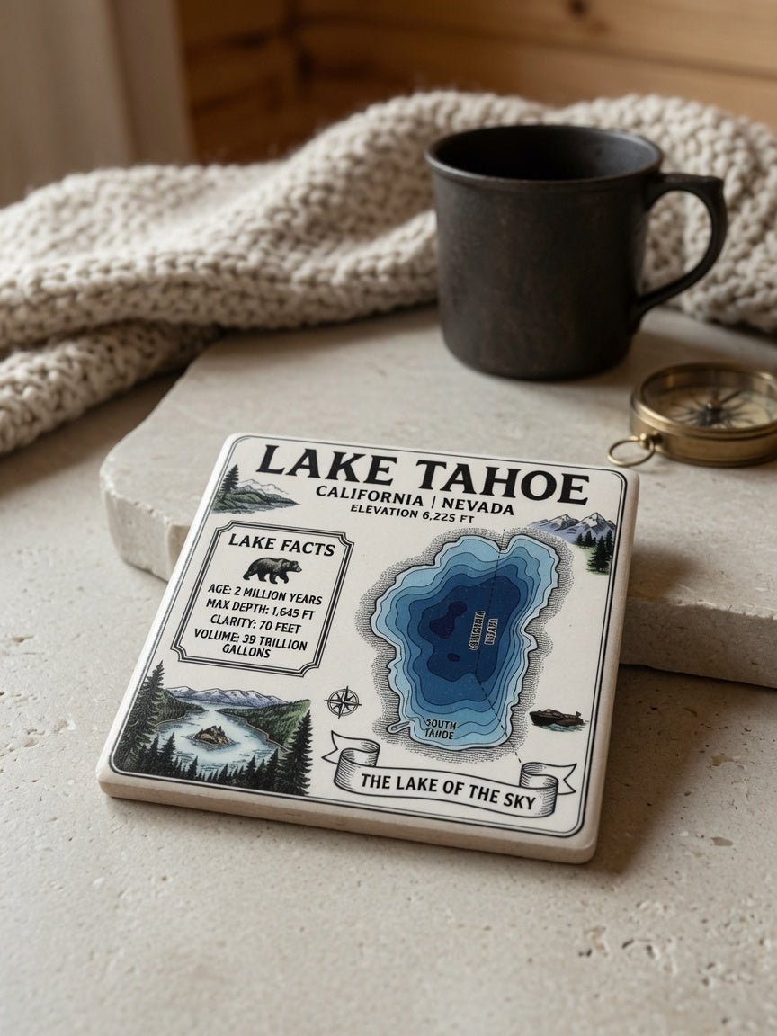 Lake Tahoe Ceramic Coaster – California Nevada Map with Lake Facts - Rustic Incline