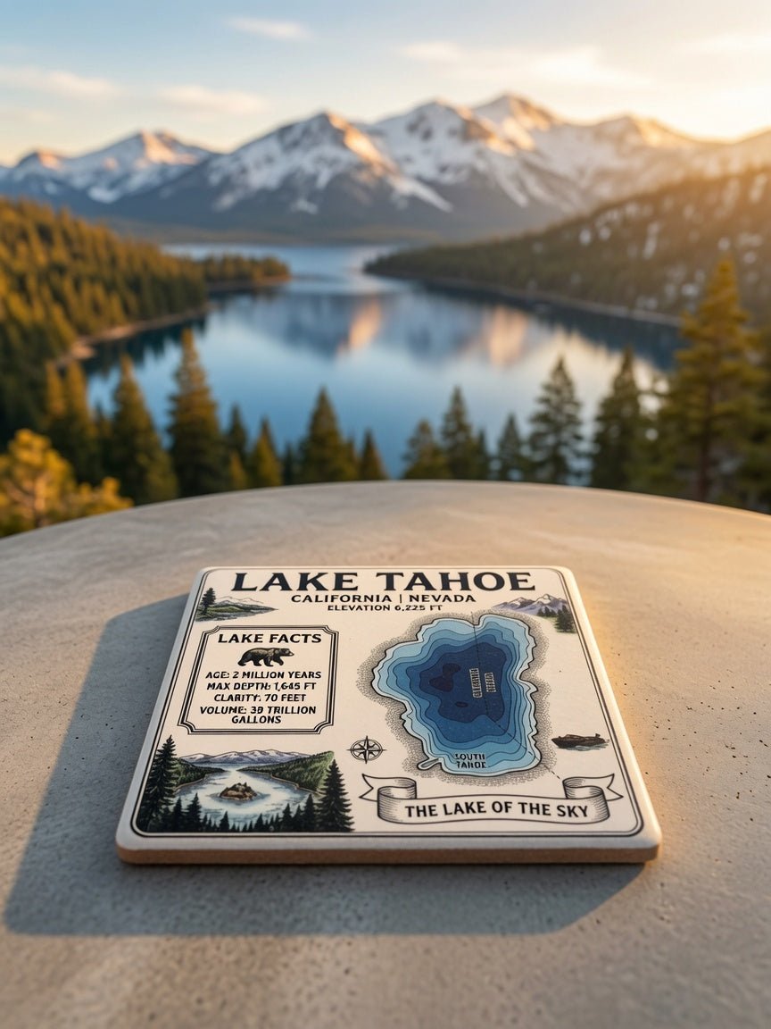 Lake Tahoe Ceramic Coaster – California Nevada Map with Lake Facts - Rustic Incline