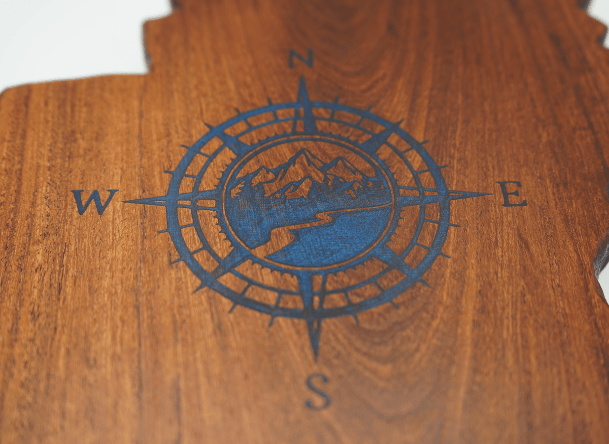 Lake Tahoe Charcuterie Board in Sapele with Blue Resin Compass - Lake Tahoe Gifts
