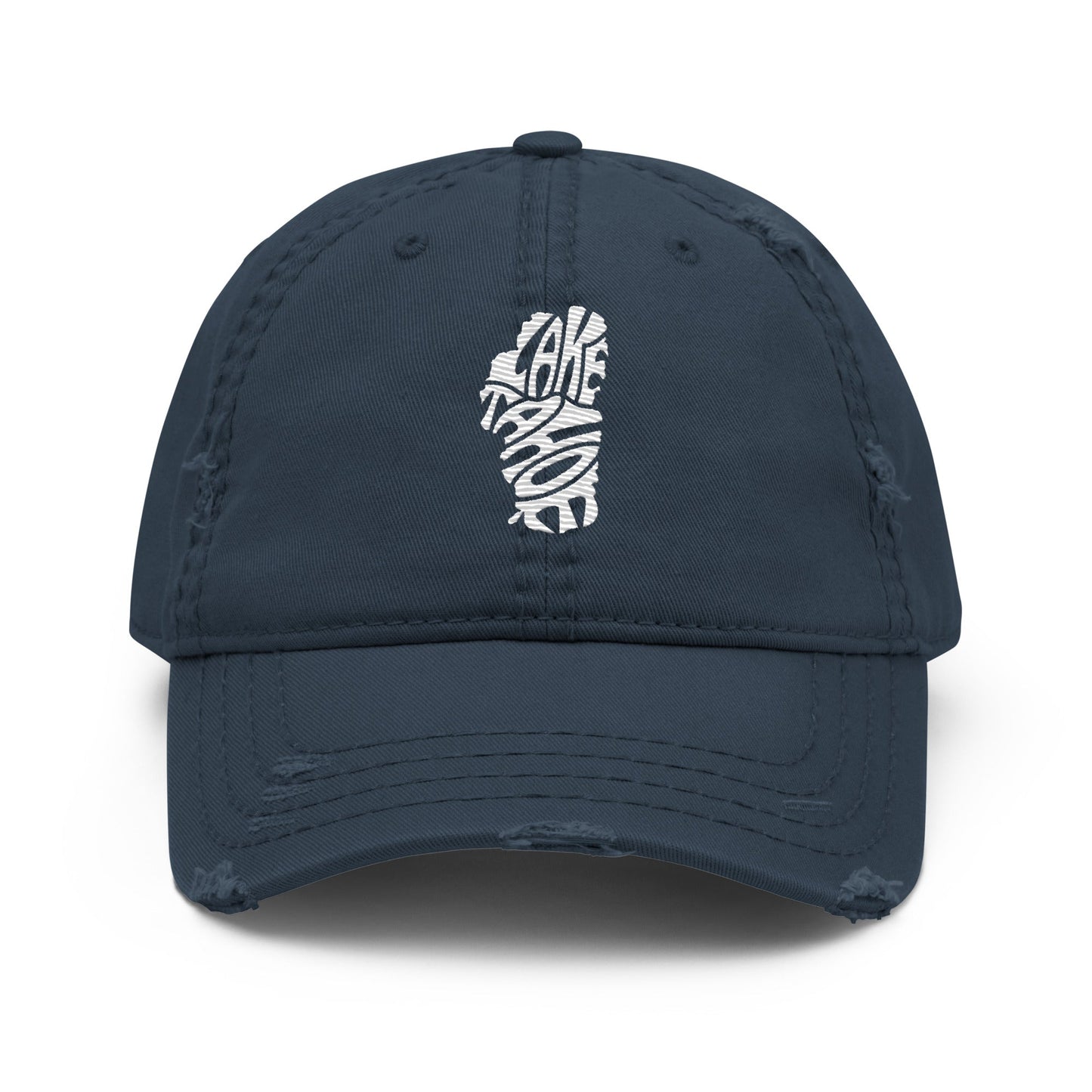 Lake Tahoe Words in White on A distressed Dad Hat - Rustic Incline
