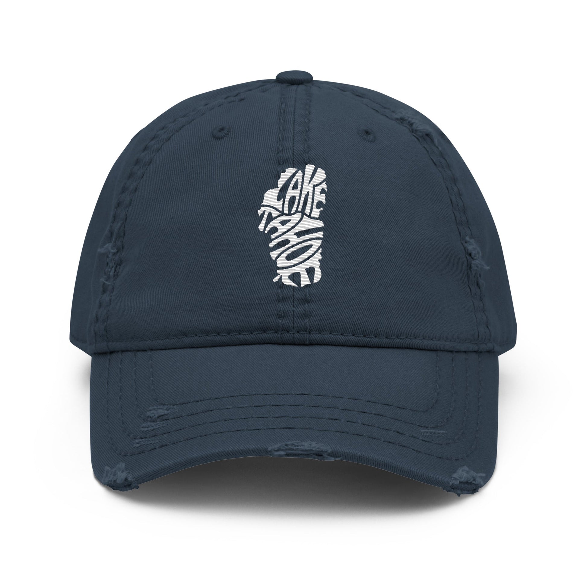 Lake Tahoe Words in White on A distressed Dad Hat - Rustic Incline