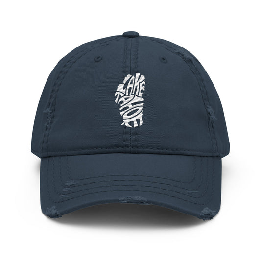 Lake Tahoe Words in White on A distressed Dad Hat - Rustic Incline