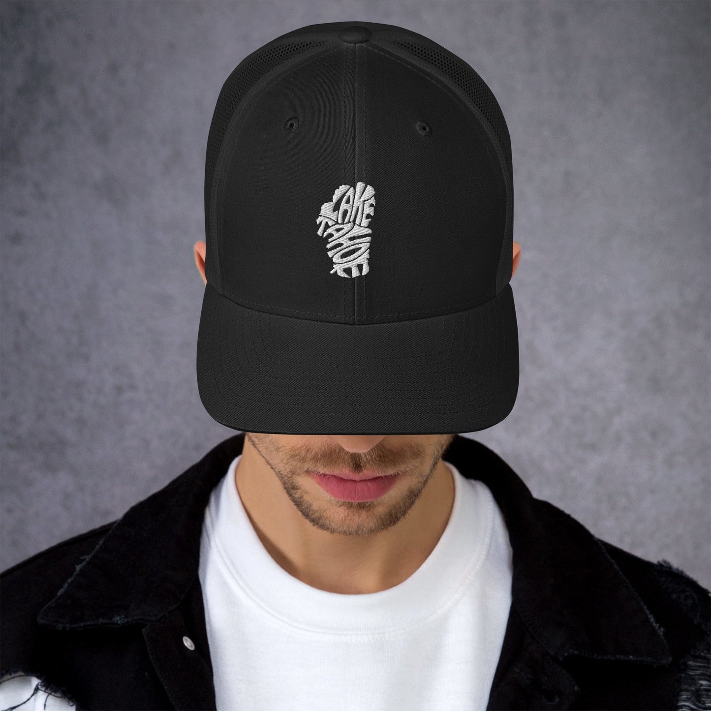 Lake Tahoe Words in White on ATrucker Cap - Rustic Incline