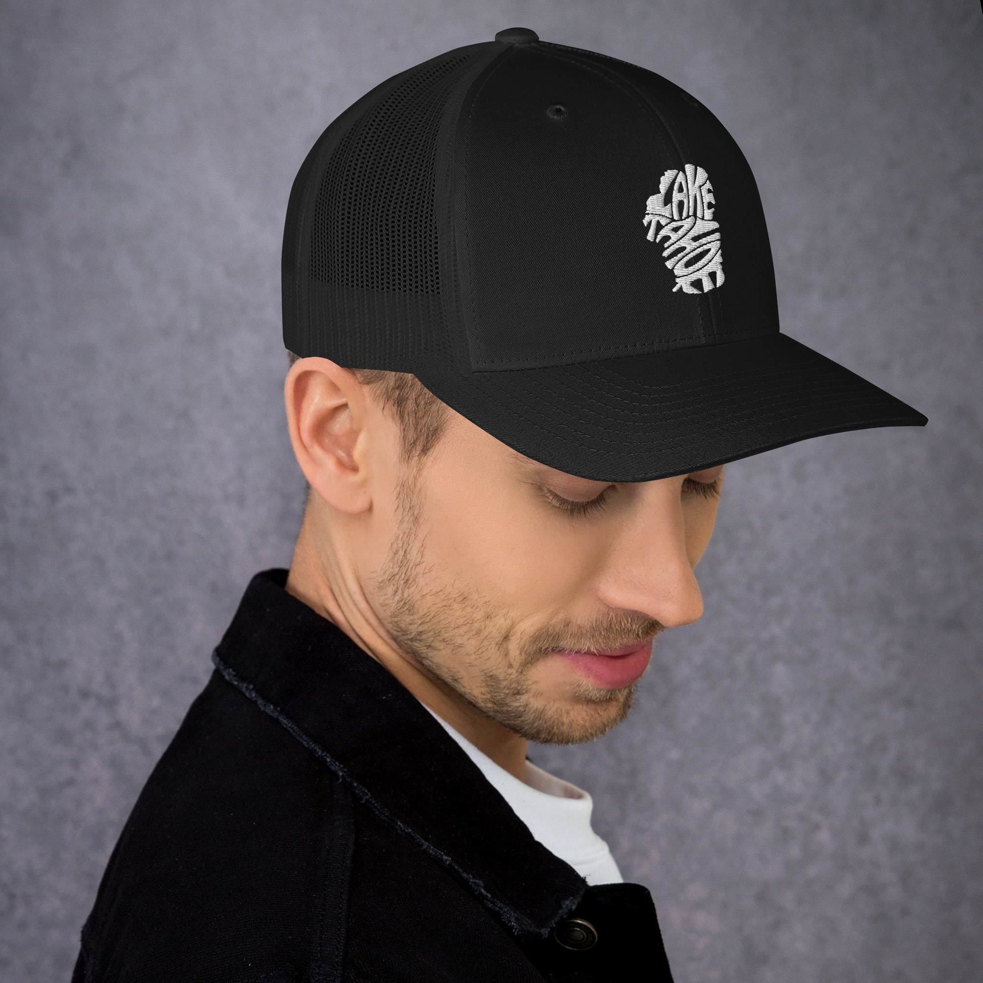 Lake Tahoe Words in White on ATrucker Cap - Rustic Incline