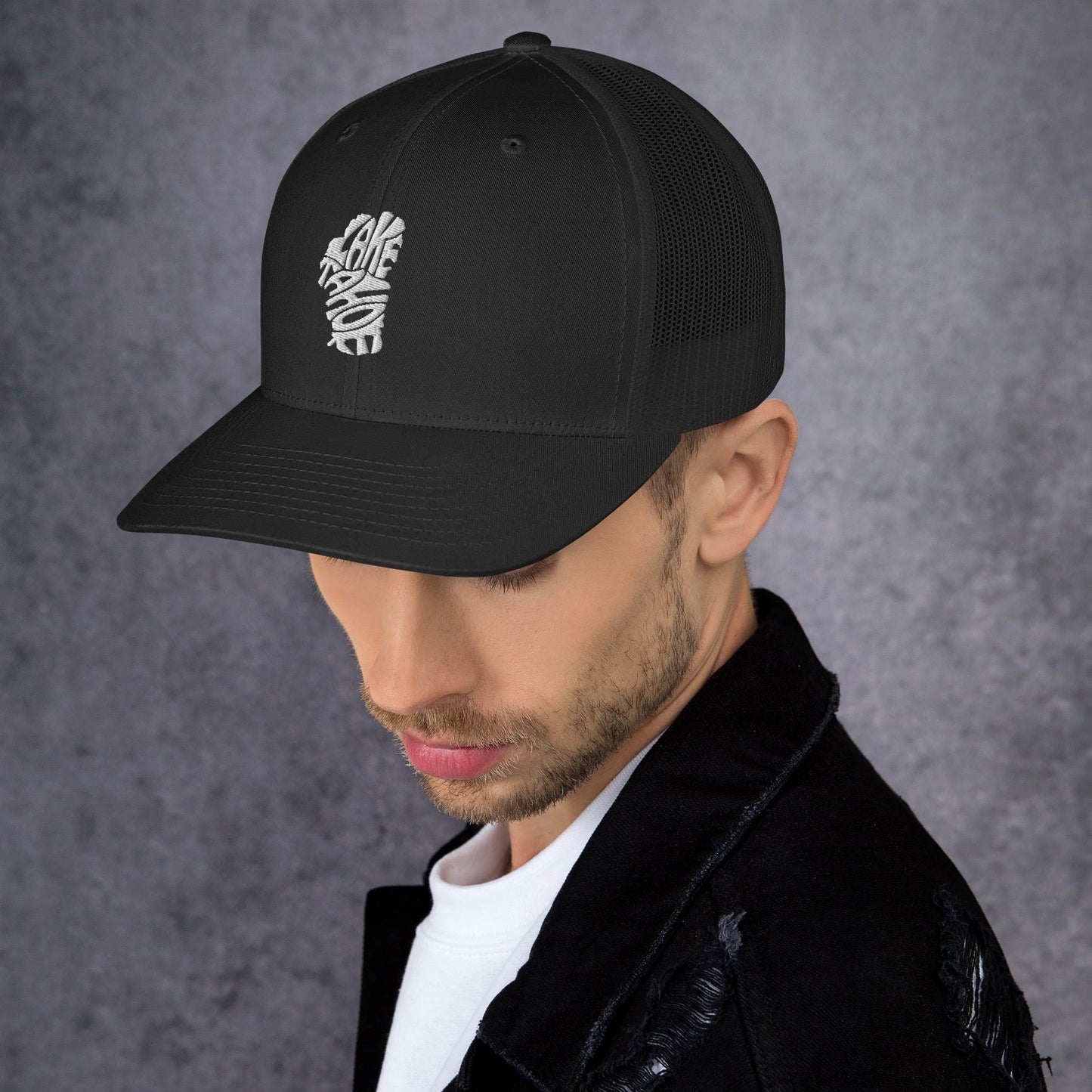 Lake Tahoe Words in White on ATrucker Cap - Rustic Incline