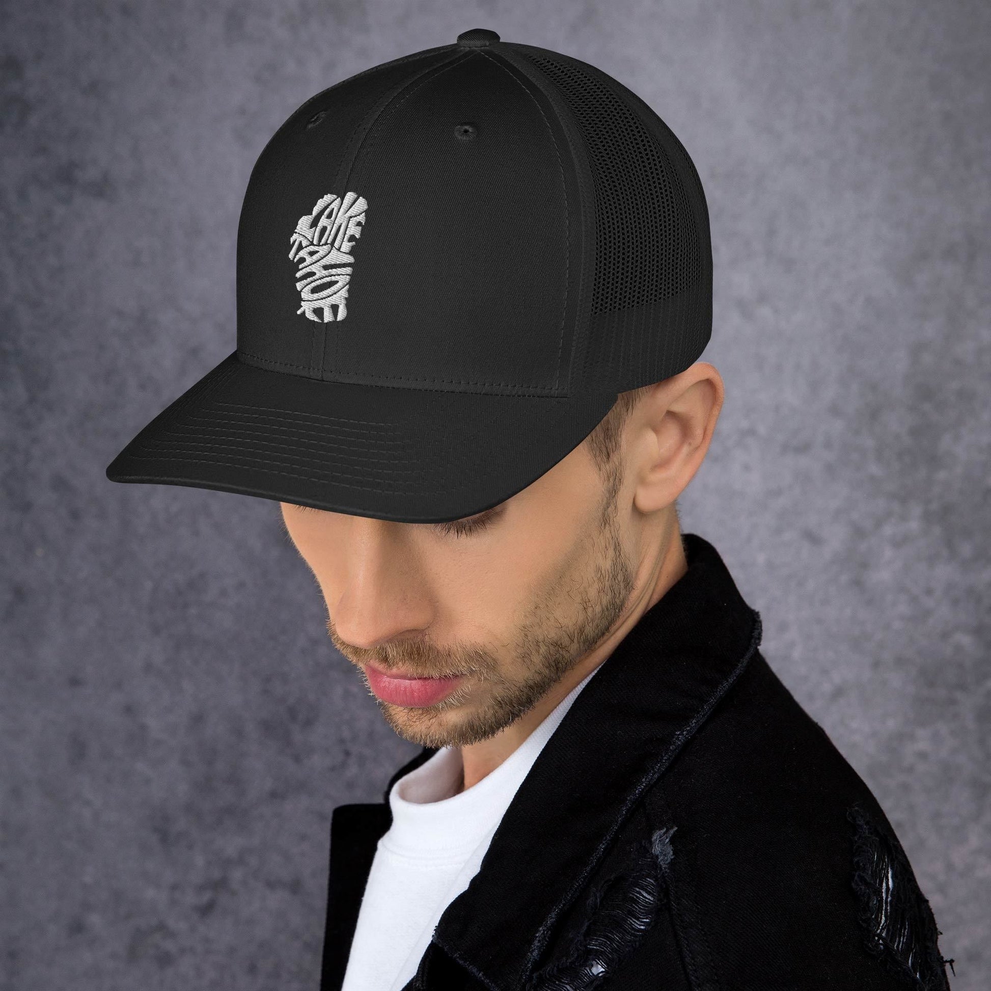 Lake Tahoe Words in White on ATrucker Cap - Rustic Incline