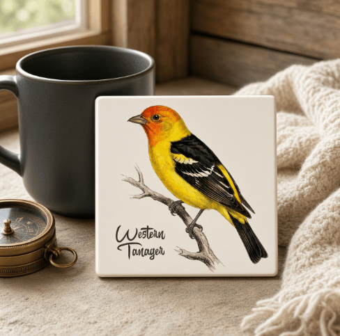 Western Tanager Native Lake Tahoe Bird Coaster - Lake Tahoe Gifts