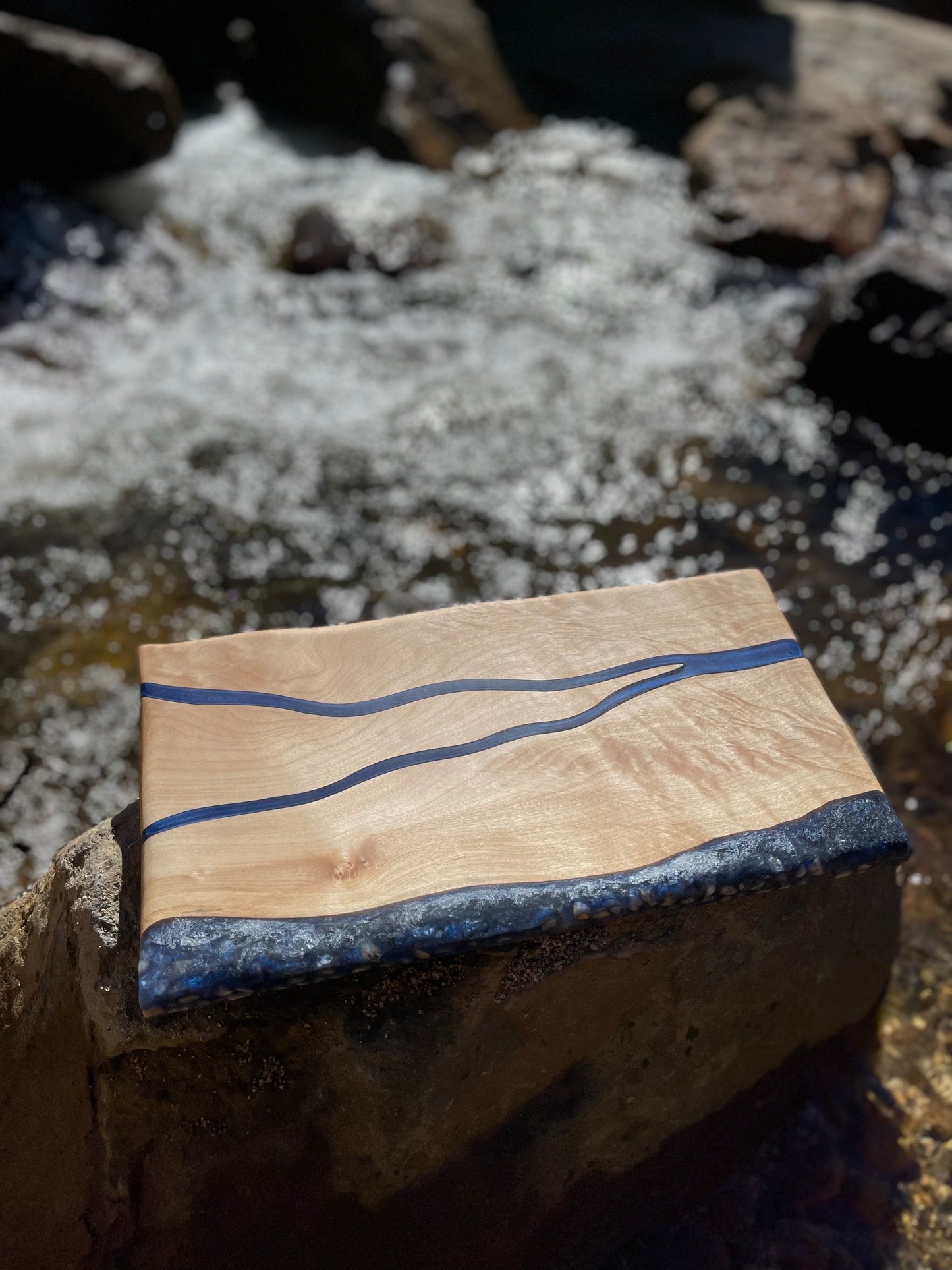 Curly Maple & Blue Epoxy Resin Charcuterie Board